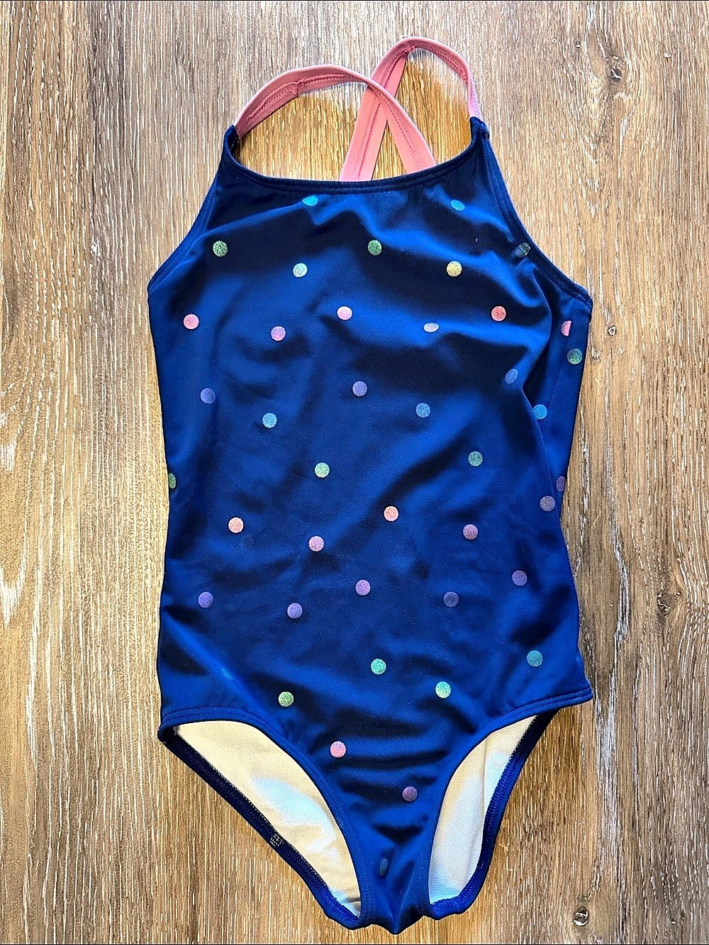 Mini Boden Air Blue Multi Foil Spot Cross-Back Swimsuit Size 5-6Y